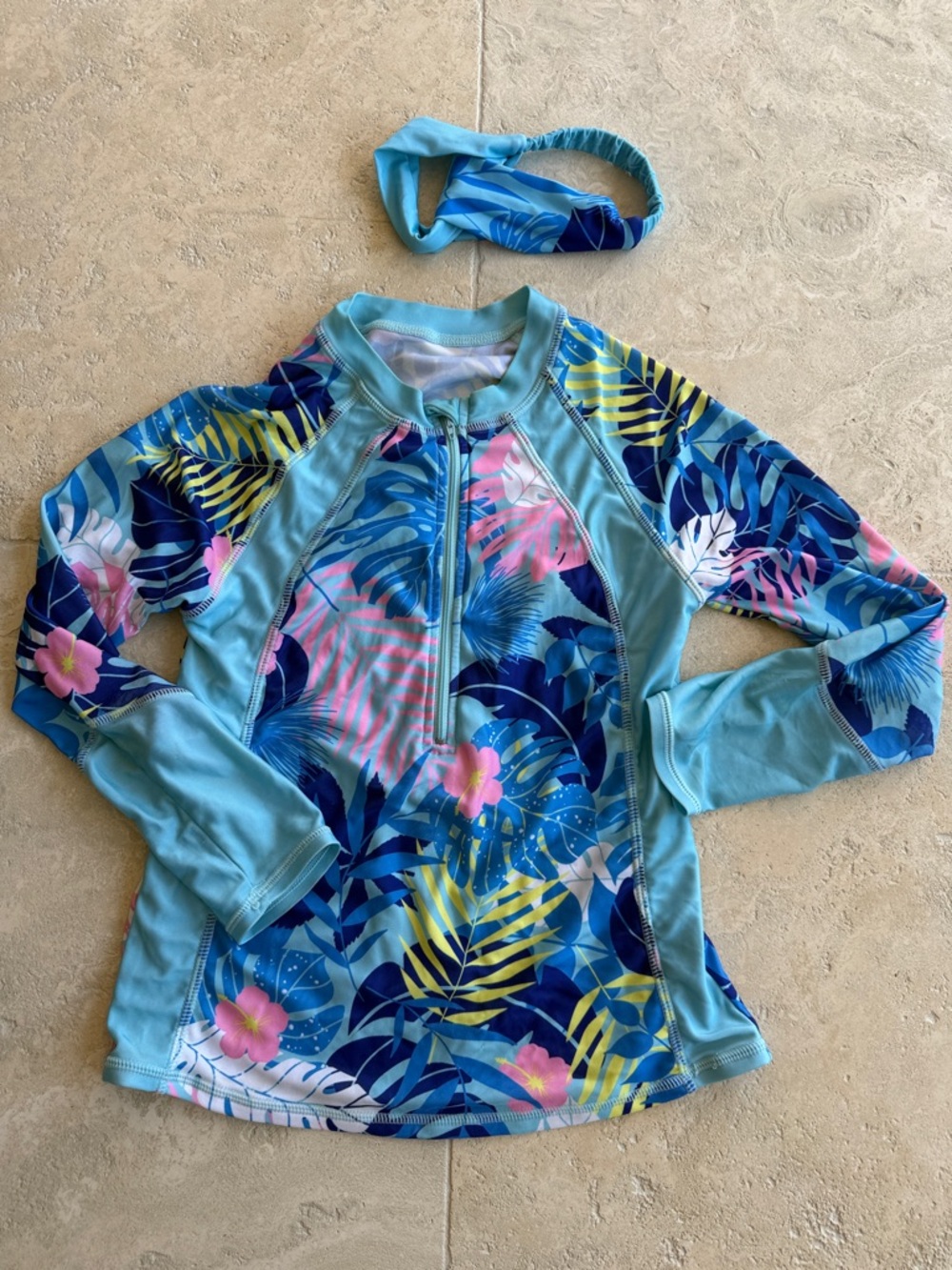 Kids Long-Sleeve Floral Rash Guard Swim Top in Blue